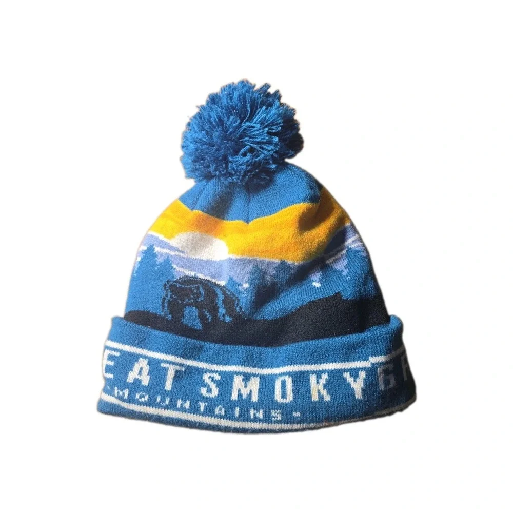 Great Smoky Mountains National Park Knit Beanie Hat Blue Pom Bear Cuffed